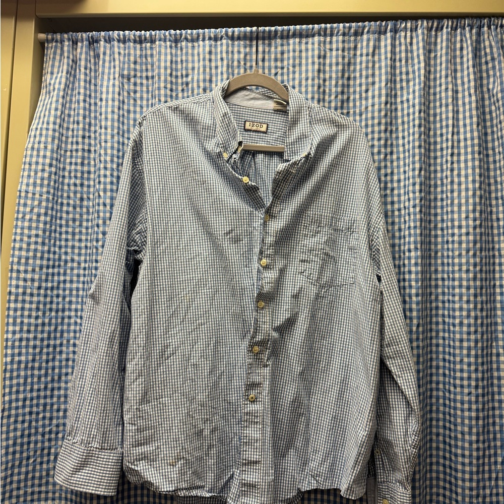 Izod Blue and White Gingham Button Down Shirt
